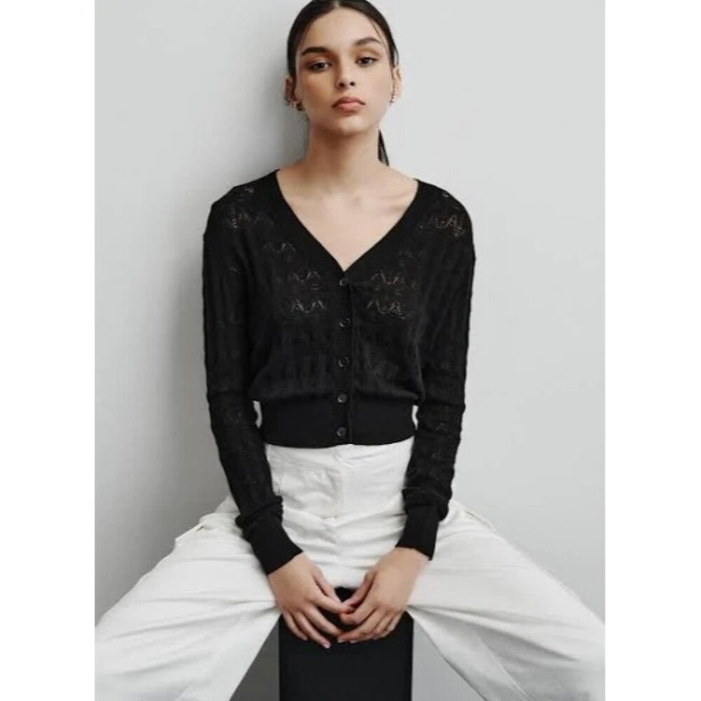 DKNY V-NECK FINE GAUGE POINTELLE CARDIGAN Black Size XXS MSRP $59 - Picture 3 of 3